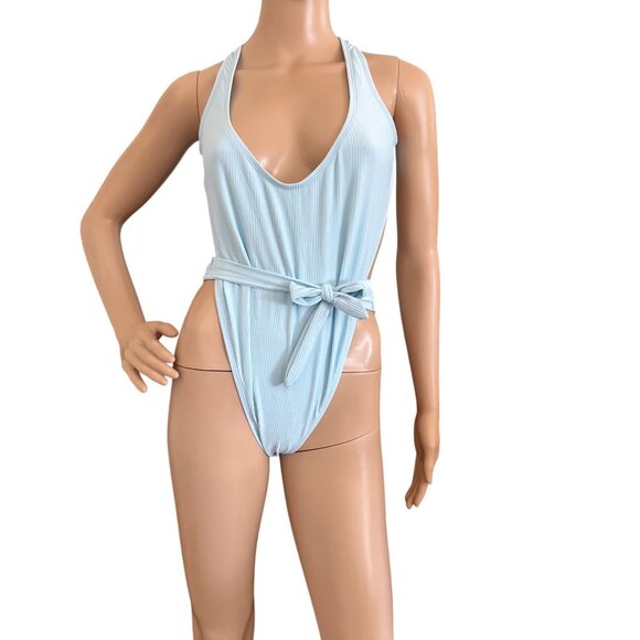 Lunar One Piece Swimsuit Size Large Tie Waist Racerback Design Ris-K Beach Blue - Picture 2 of 9